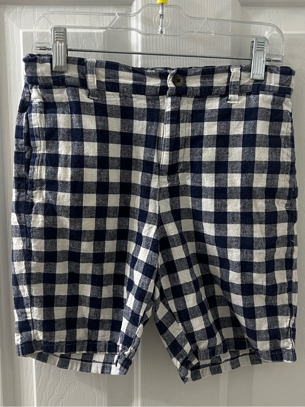 Janie And Jack Boys Navy Blue White Gingham Plaid Linen Blend Chino Shorts Sz 10